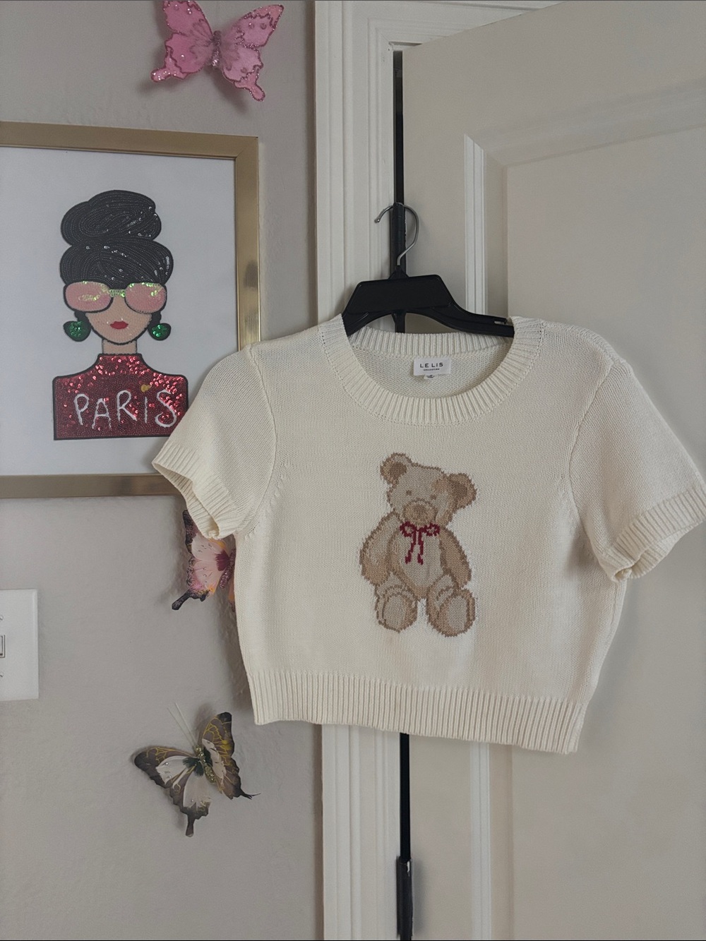 Le Lis Cream Teddy Bear Knit Short Sleeve Sweater